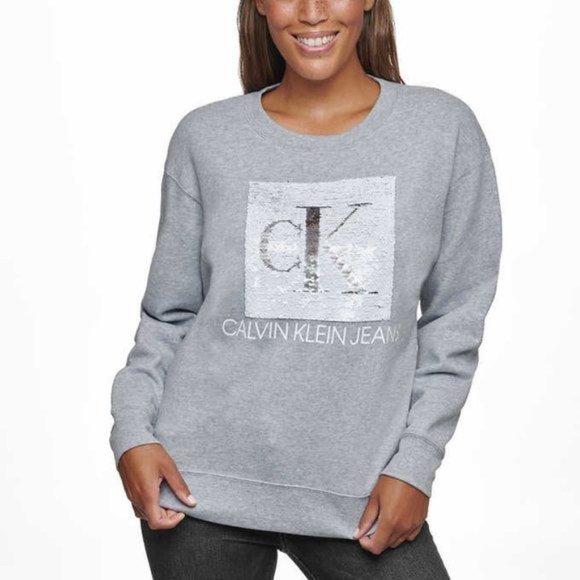 CALVIN KLEIN Flip Sequin Crewneck Sweatshirt in Grey - XS - Picture 2 of 5